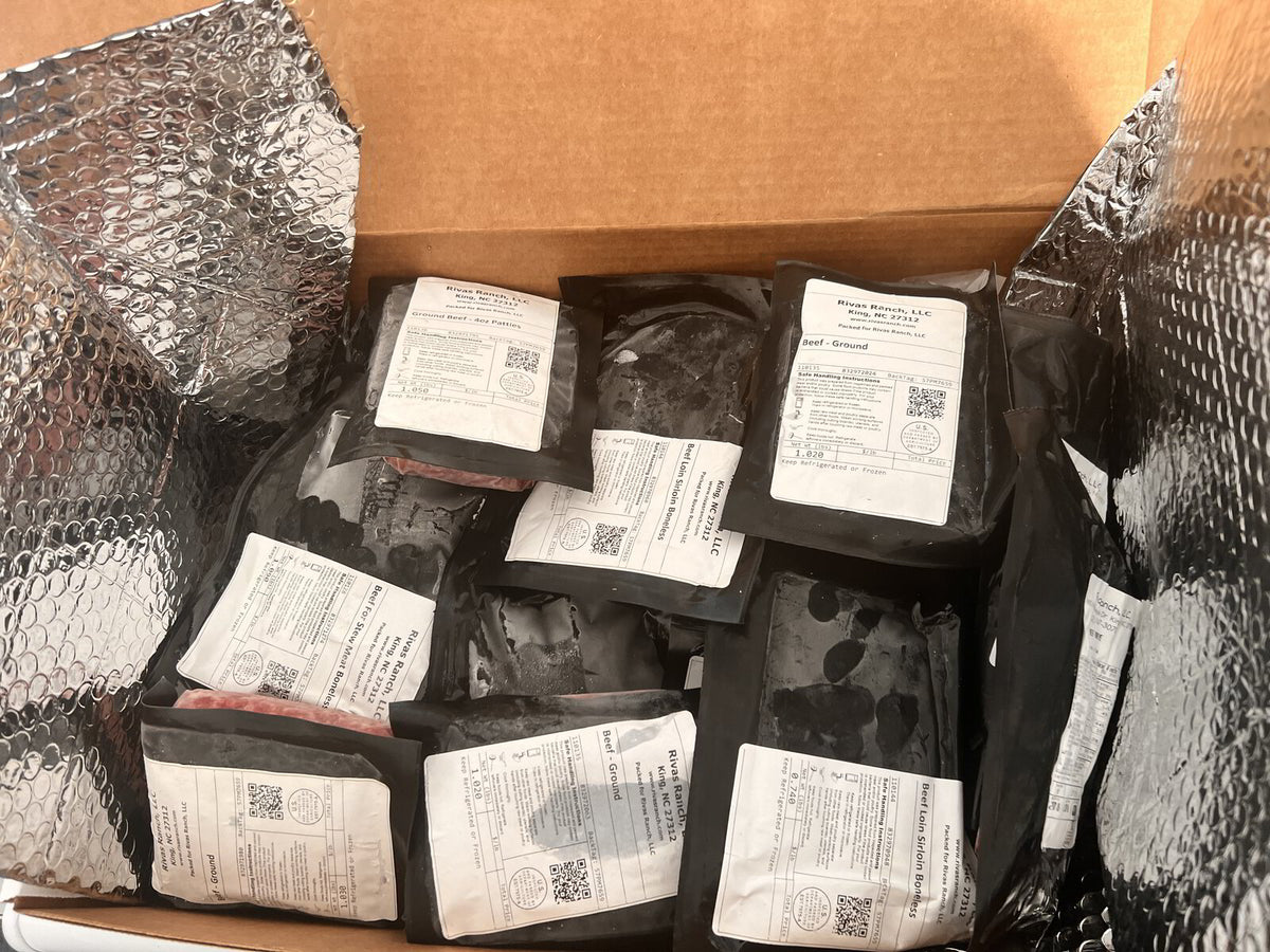 Rivas Ranch beef share packed in an insulated box of vacuum-sealed, labeled cuts