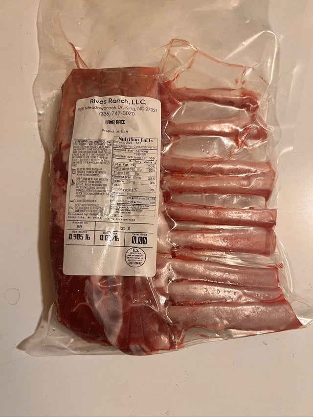 Rivas Ranch labeled rack pack from our pasture-raised lamb and goat