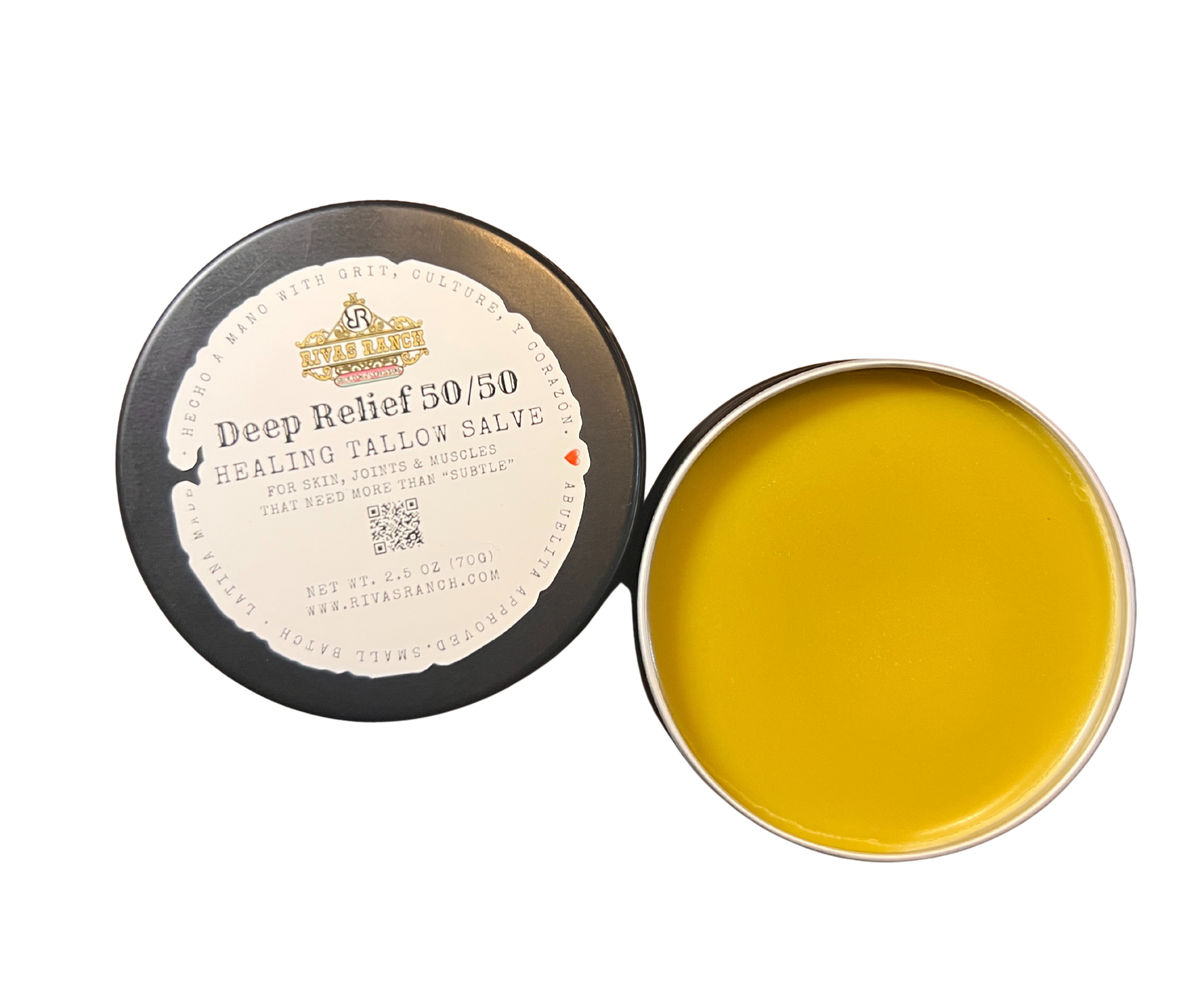 Round container of Deep Relief 50/50 Healing Tallow Salve for muscle and joint relief