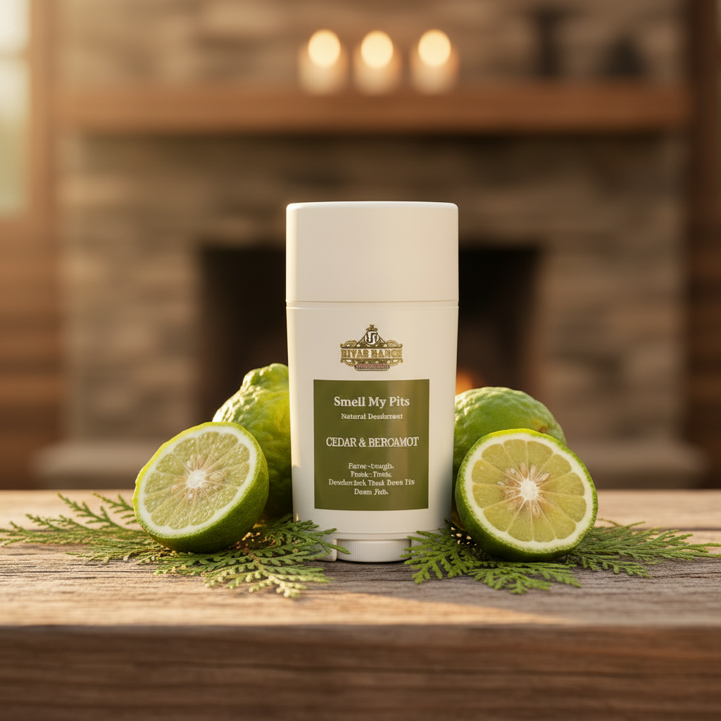 Cedar Bergamot tallow deodorant on a farmhouse table