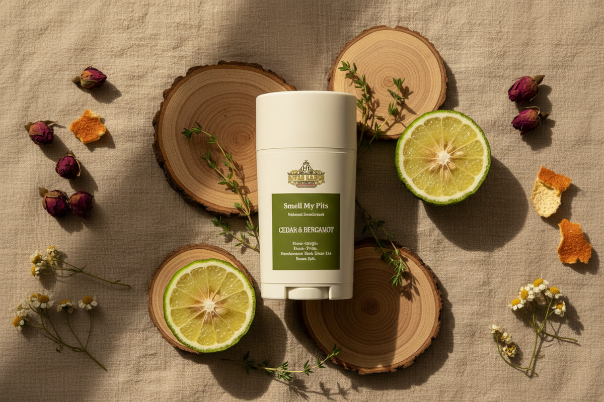 Cedar Bergamot tallow deodorant arranged in a flat lay