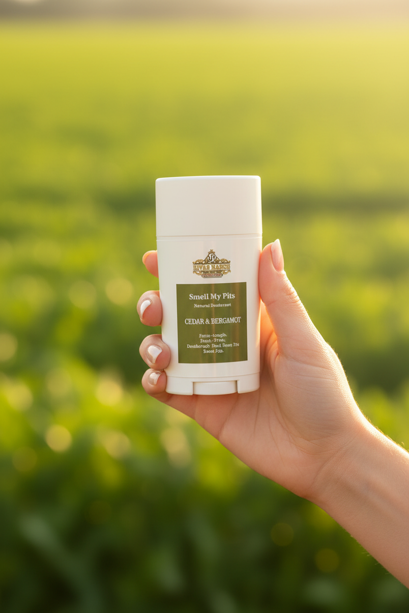 Cedar Bergamot tallow deodorant held outdoors on the ranch