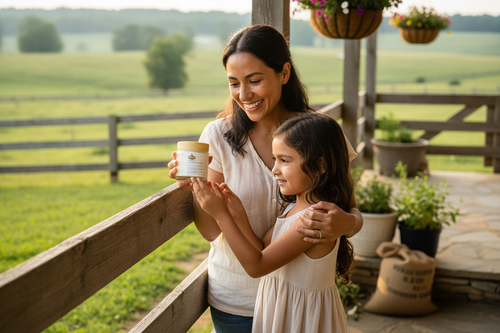 Mother and daughter holding Bareface jar on family farm