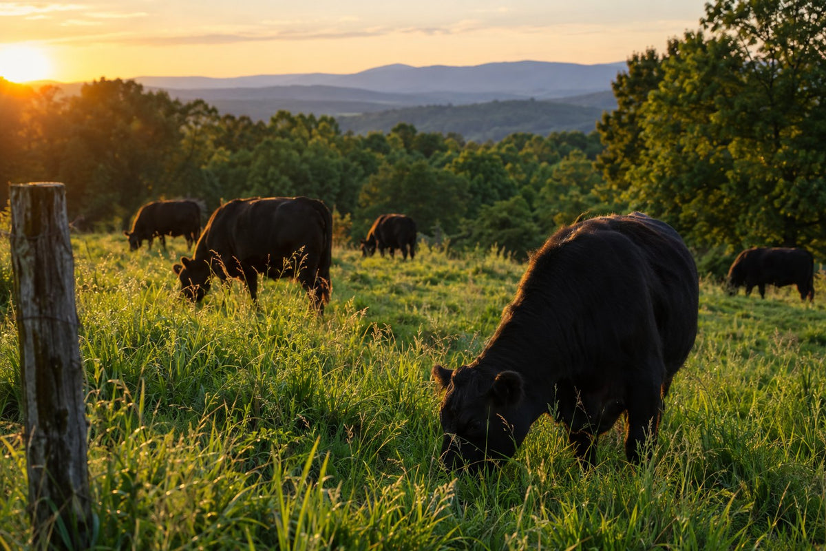 Black cattle grazing on green pasture at sunset (illustrative image)