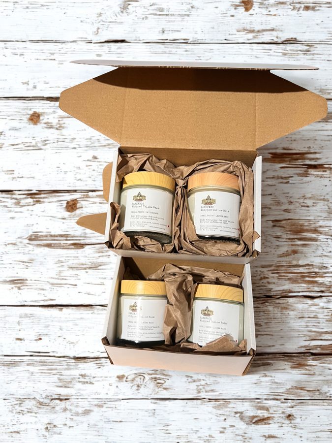 Rivas Ranch tallow skincare jars packed in a shipping box